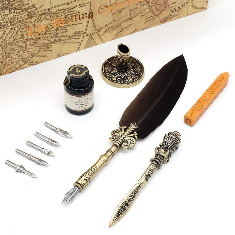 GC QUILL Feather Pen and Ink Set, Calligraphy Quill Pen with Metal Letter Opener Pen Holder 6 Nibs 1 Dip Ink and 1 Sealing Wax Gift for Kids Adults Writers â€“ MU-08 - Image 2